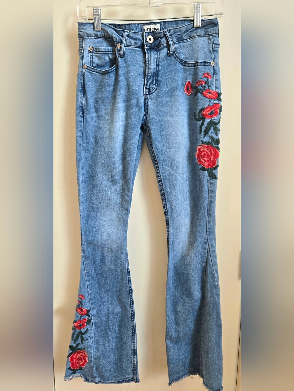 Umgee Light Blue Flare Jeans with Red Rose Embroidery